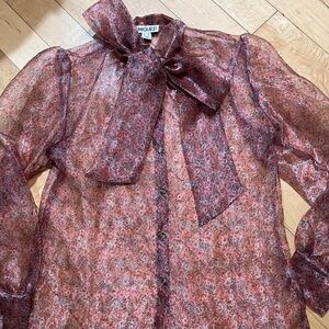 Unique 21 Pink Sheer Floral Blouse with Bow Necktie Size 8 or Large